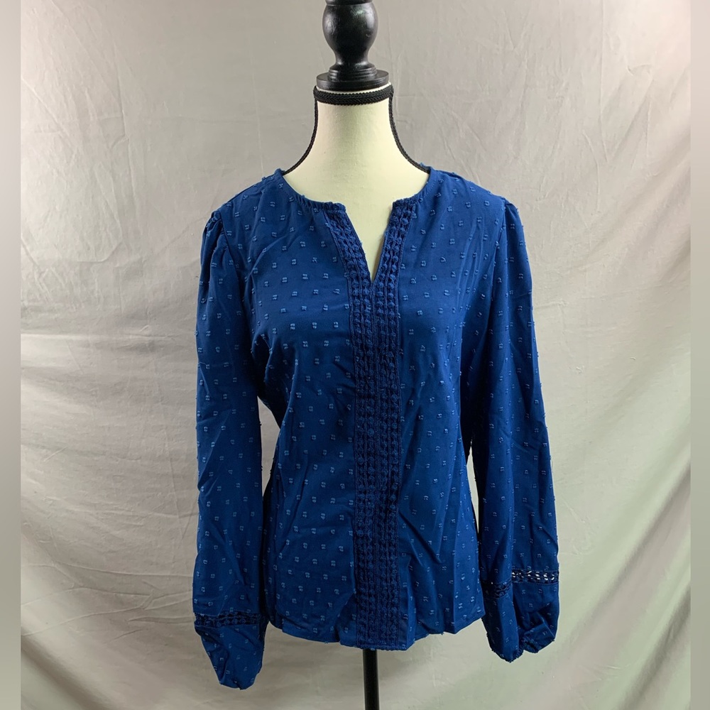 Swiss Dot Guipure Lace Insert Lantern Sleeve Blouse Blue - Picture 6 of 7